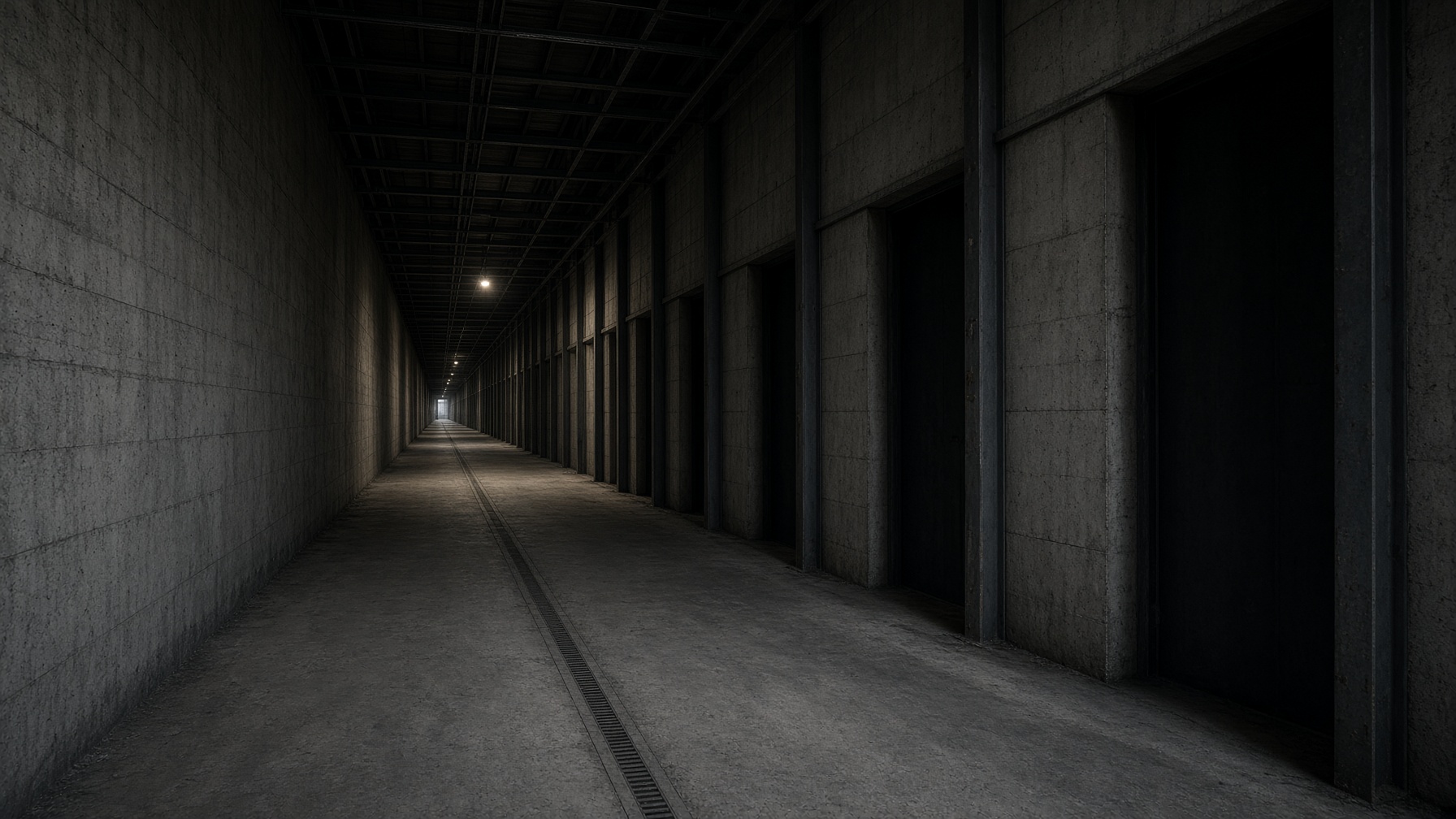 Corridoio industriale vuoto, punto di fuga verso sinistra, una lampada in fondo. Studio visivo, 2026.
