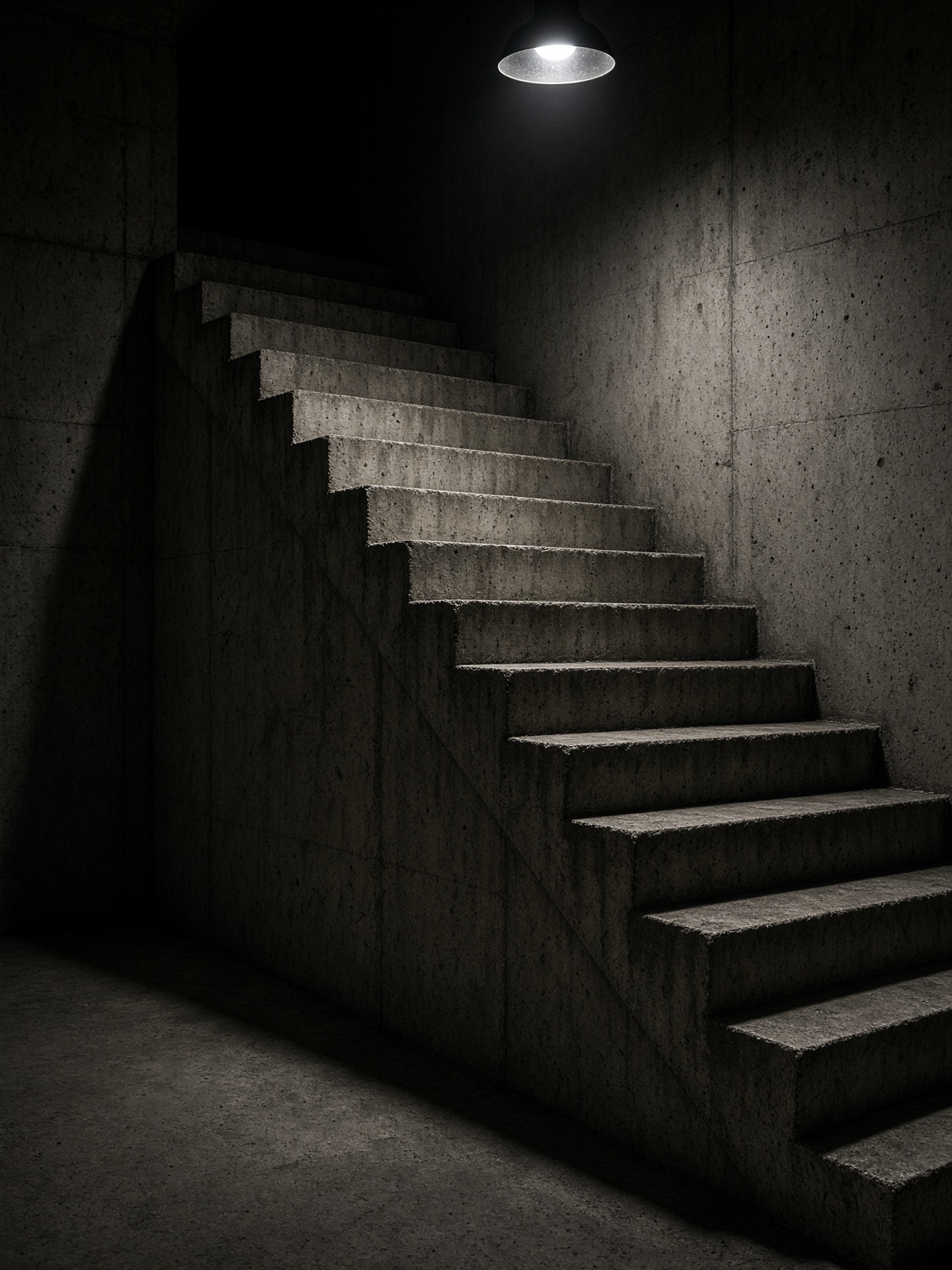 Scala di calcestruzzo in un interno vuoto, una lampada in alto. Studio visivo, 2026.